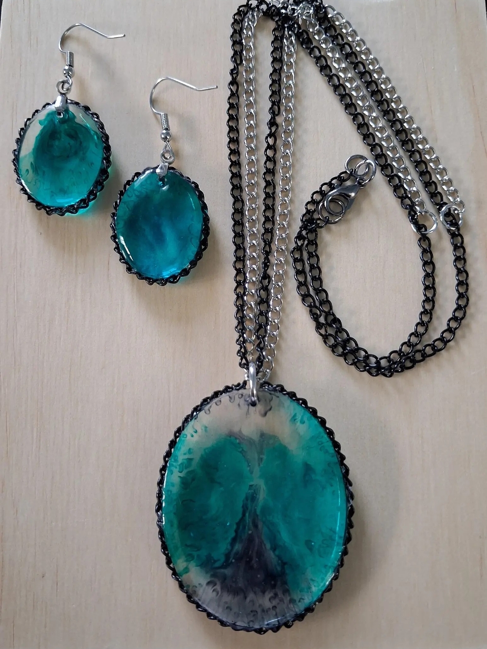 Teal Resin Pendant Necklace and Earring Set - Teal Jewelry